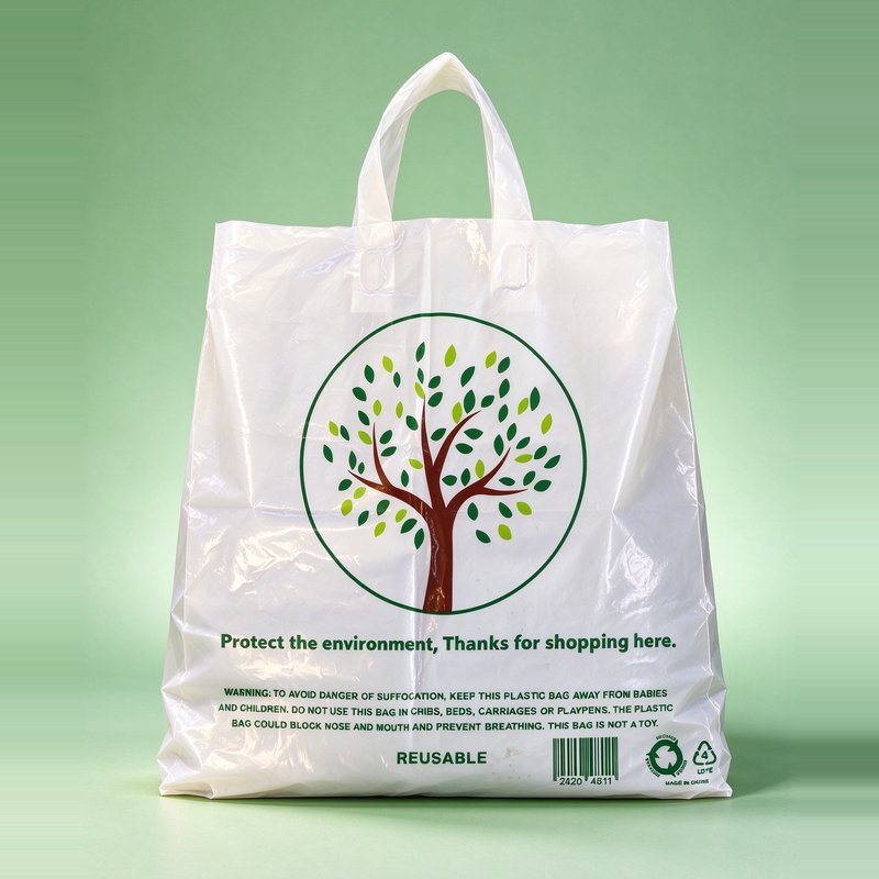 PCR PE Films & Bags | GRS Certified Recycled Packaging Round Die-cut Handle Bag - Tree Print — Boutique Retail